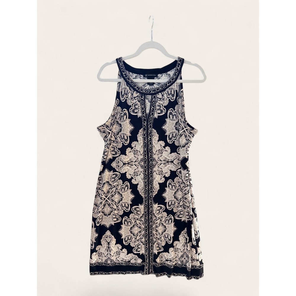 Black White Medallion Paisley Shift Dress Sleeveless Knit Minimalist Bling